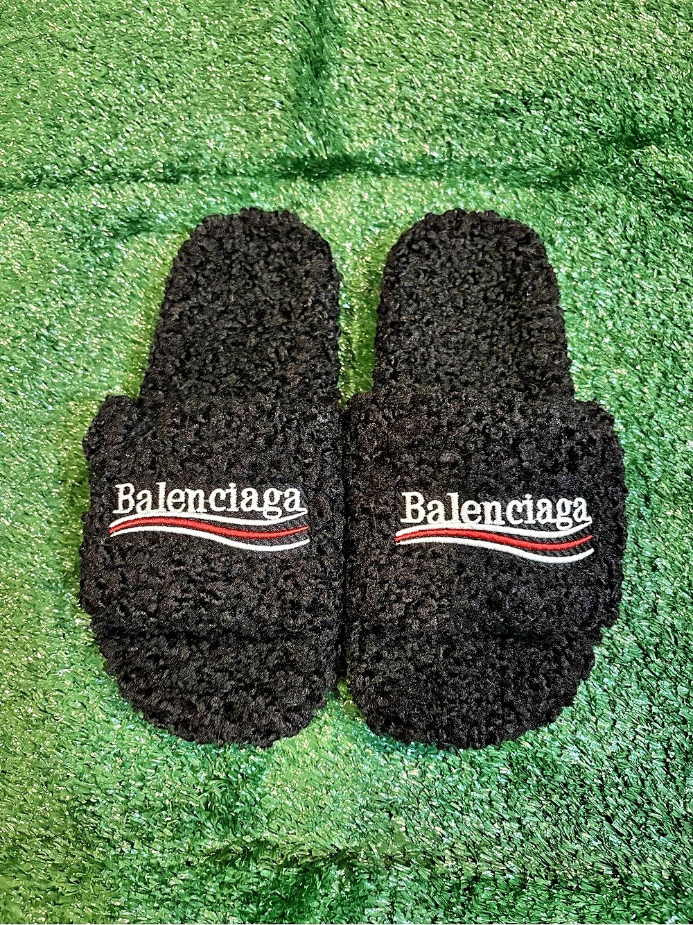 Balenciaga Political Campaign Furry Slide Sandals Black